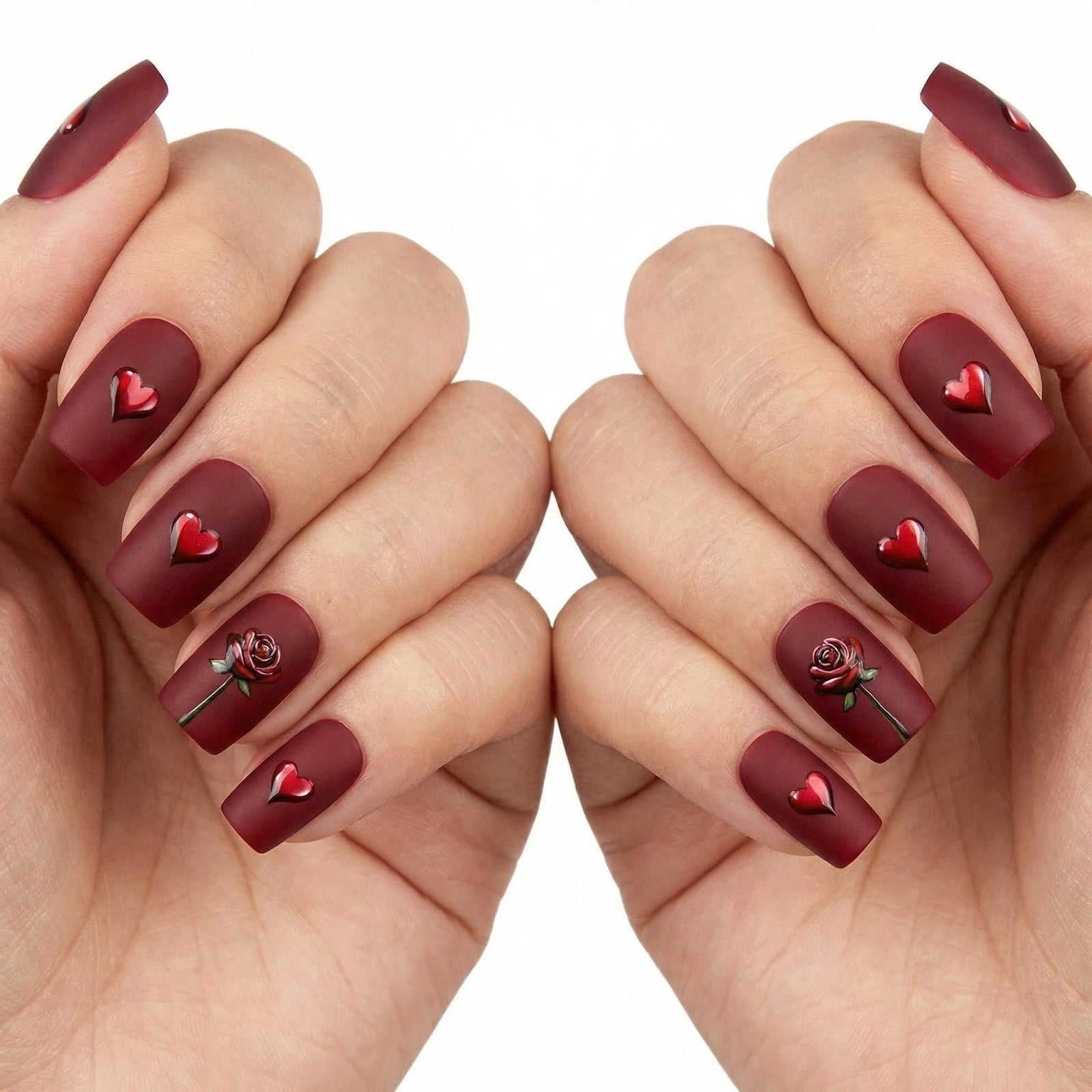 24pcs/Set Short Square Red Matte Rose Hearts Press On Nails