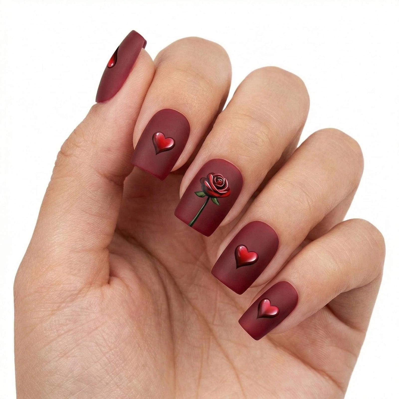 24pcs/Set Short Square Red Matte Rose Hearts Press On Nails