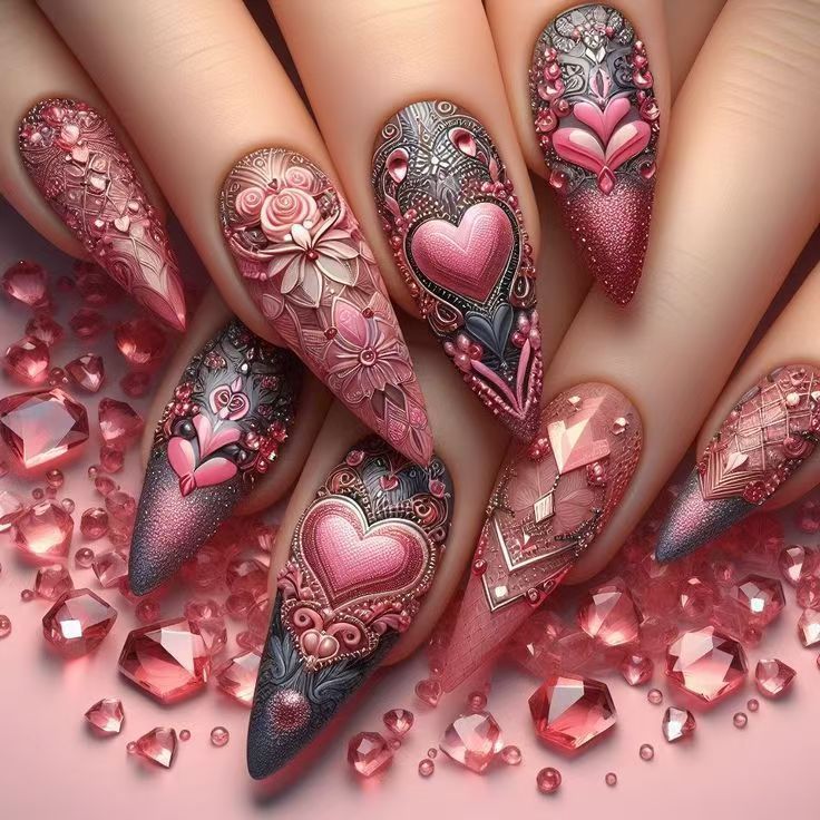 24pcs/Set Valentine's Extra-Long Stiletto Pink Almond with Heart & Rose Press-On Nails