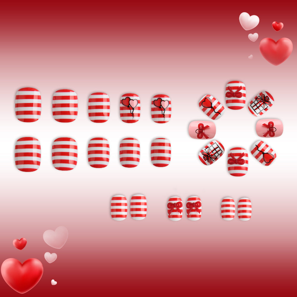 24pcs/Set Short Valentine Red Balloon, Heart, Stripe & Bow Press-On Nails
