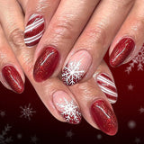 24pcs/Set Short Oval Christmas Red French with Snowflake & Stripe Press-On Nails