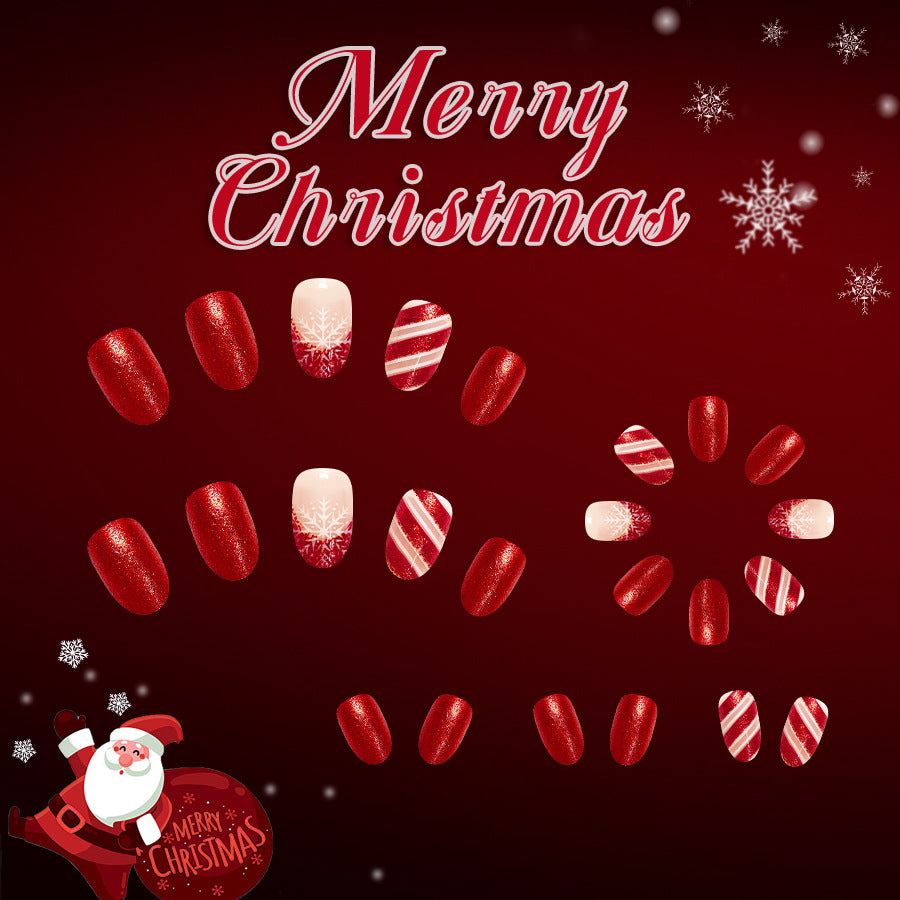 24pcs/Set Short Oval Christmas Red French with Snowflake & Stripe Press-On Nails