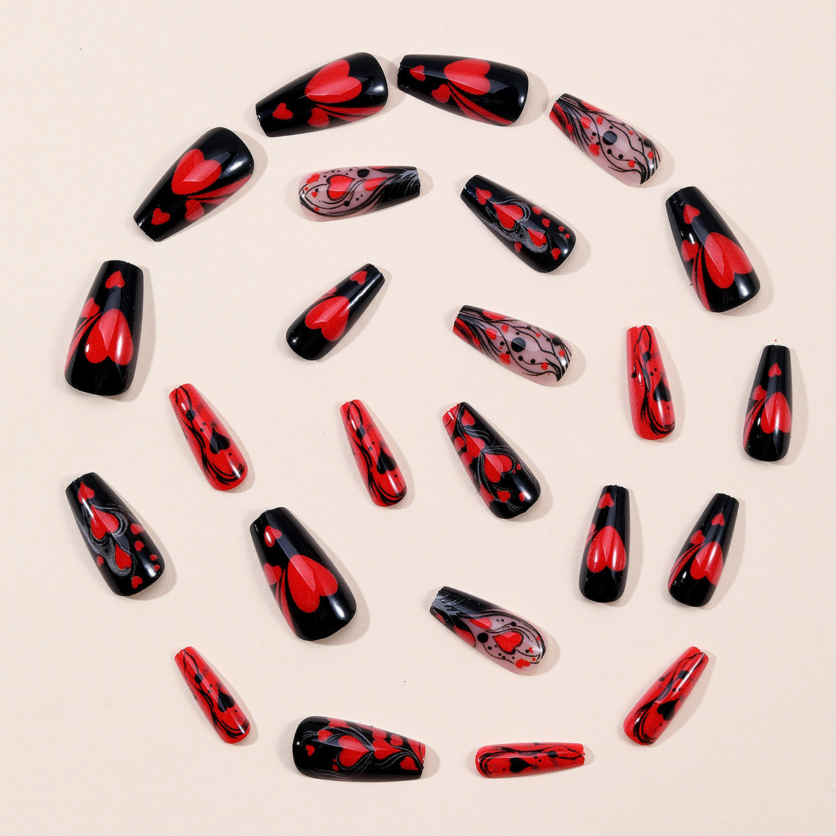 24pcs/Set Valentine's Black-Red Gradient Heart Press-On Nails