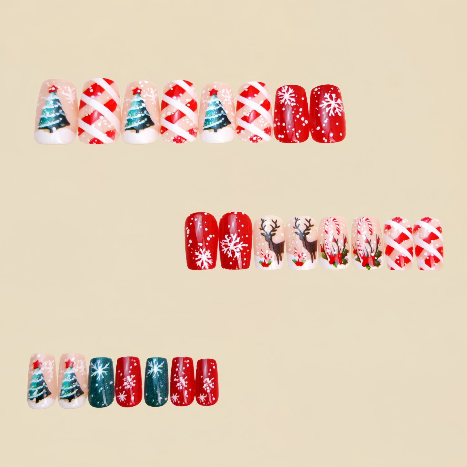 24pcs/Set Christmas Reindeer Stripe & Snowflake Press-On Nails