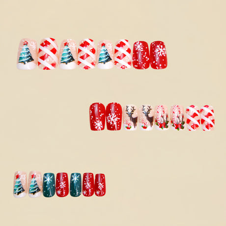 24pcs/Set Christmas Reindeer Stripe & Snowflake Press-On Nails