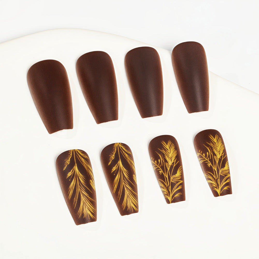24pcs/Set Autumn-Winter Brown with Gold Wheat Painting Matte Press-On Nails
