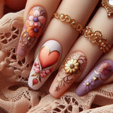 24pcs/Set 3D Gilded Sunflower Heart with Pink-Purple Painting Press-On Nails