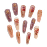 24pcs/Set 3D Gilded Sunflower Heart with Pink-Purple Painting Press-On Nails