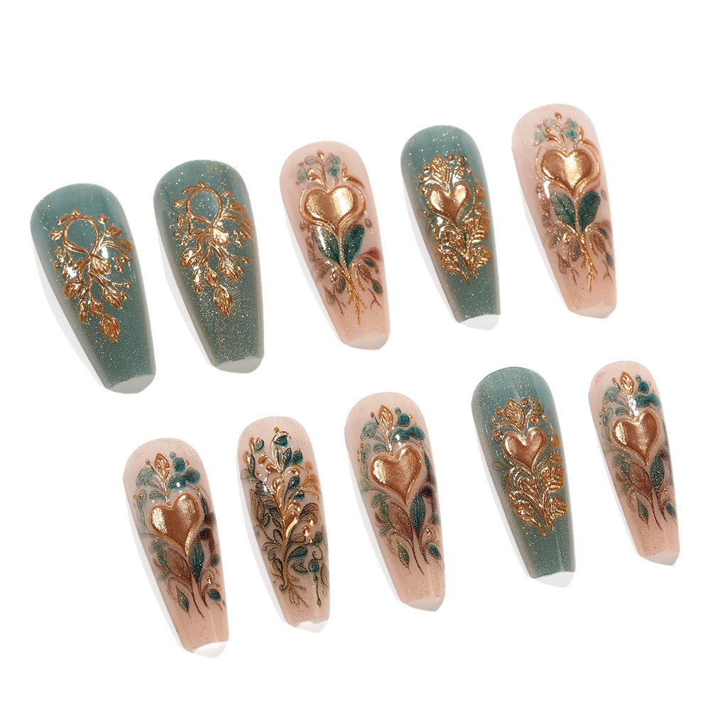 24pcs/Set 3D Gilded Bronze Heart with Foliage Pattern Press-On Nails