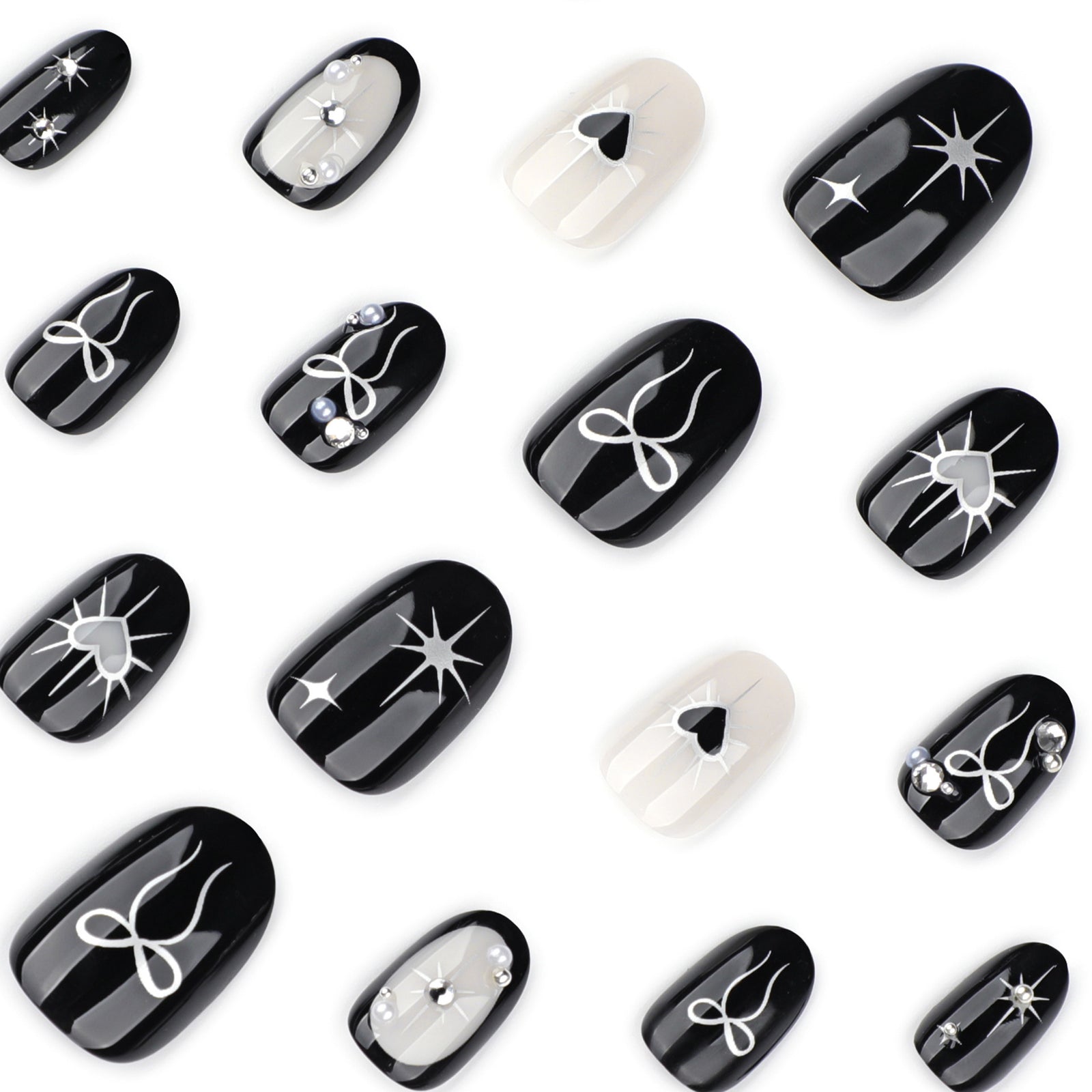 24pcs/Set Short Gothic Black Series: Bow & Heart Press-On Nails