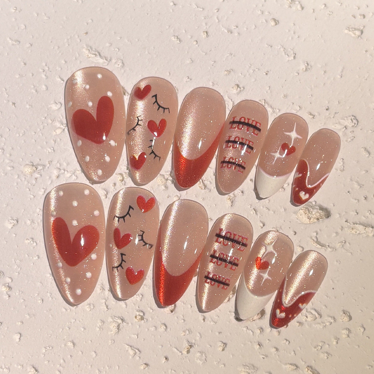 24pcs/Set Valentine's Cat's Eye French with Heart & Dots Press-On Nails