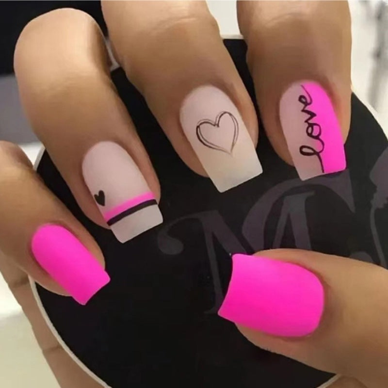 24pcs/Set Short Pink Letter Heart Valentine's Press-On Nails