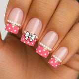 24pcs/Set White Bow with Pearl Pattern on Pink French Press-On Nails