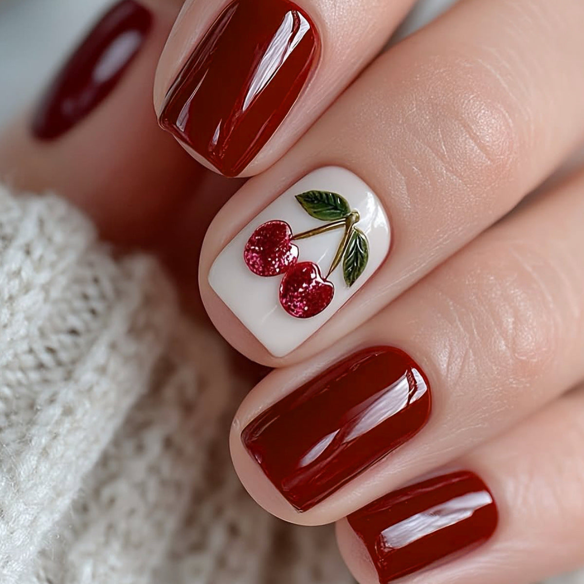 24pcs/Set Short Cherry Red & White Pop with Cherries Press-On Nails