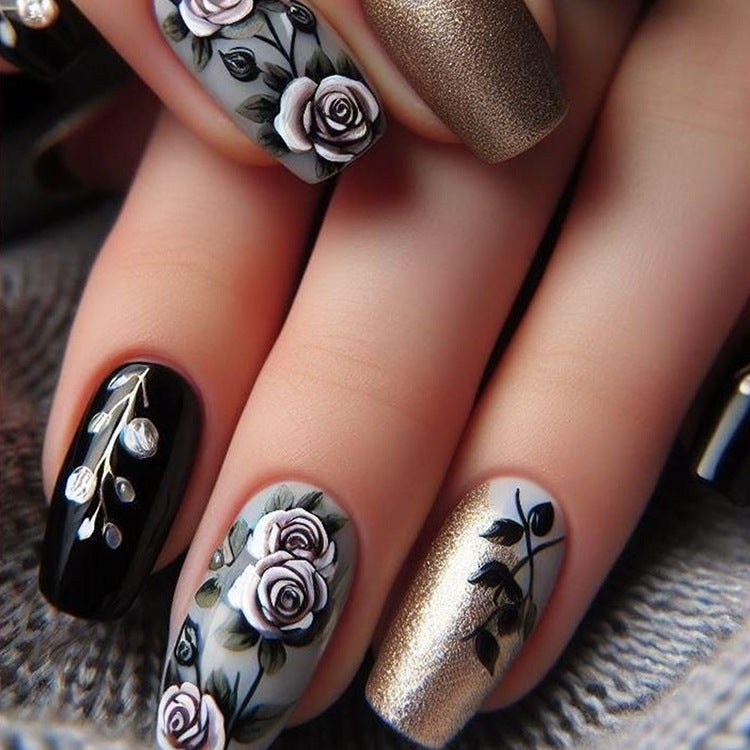 24pcs/Set Dark Black Rose Press-On Nails