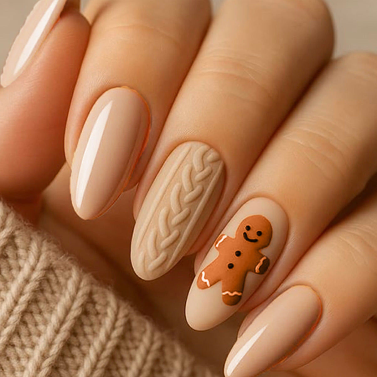 24pcs/Set  Autumn-Winter Christmas Sweater Gingerbread Man Press-On Nails