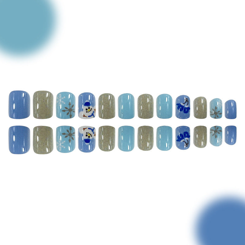 24pcs/Set Short Slate Blue Cartoon Snowman Christmas Press-On Nails