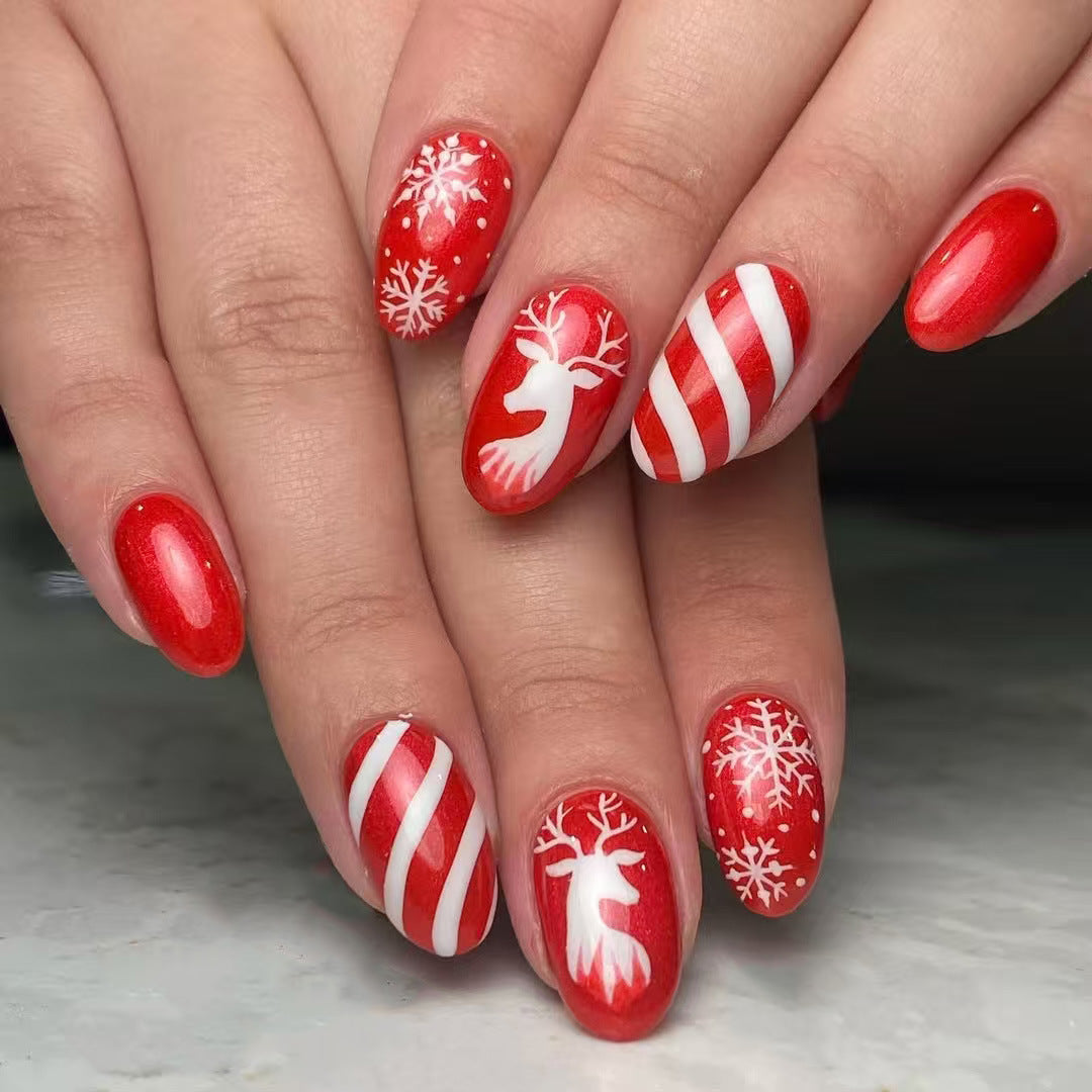 24pcs/Set  Red Christmas Sweater with White Snowflakes, Reindeer, and Stripes Press-On Nails