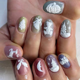 24pcs/Set 3D Embroidered Christmas Sweater Featuring Bears, Reindeer, and Trees Press-On Nails