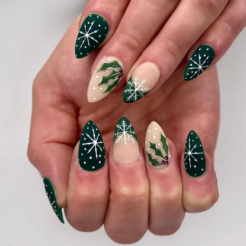 24pcs/Set  Christmas Green French Snowflakes and Berries Press-On Nails