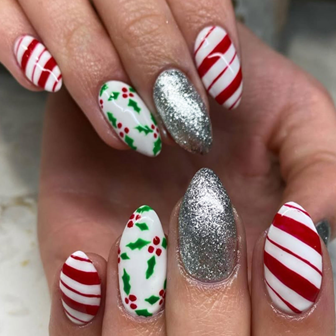 24pcs/Set Red Striped Christmas Sweater with Berry Motifs Press-On Nails