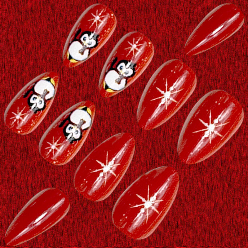 24pcs/Set Red Christmas Sweater with Penguin and Snowflake Press-On Nails