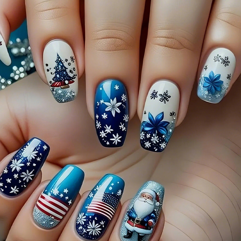 24pcs/Set Patriotic Christmas Sweater: Santa, Pine Trees & Snowflakes Press-On Nails