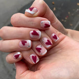 24pcs/Set Short Valentine's Wine Red Heart on White French Press-On Nails