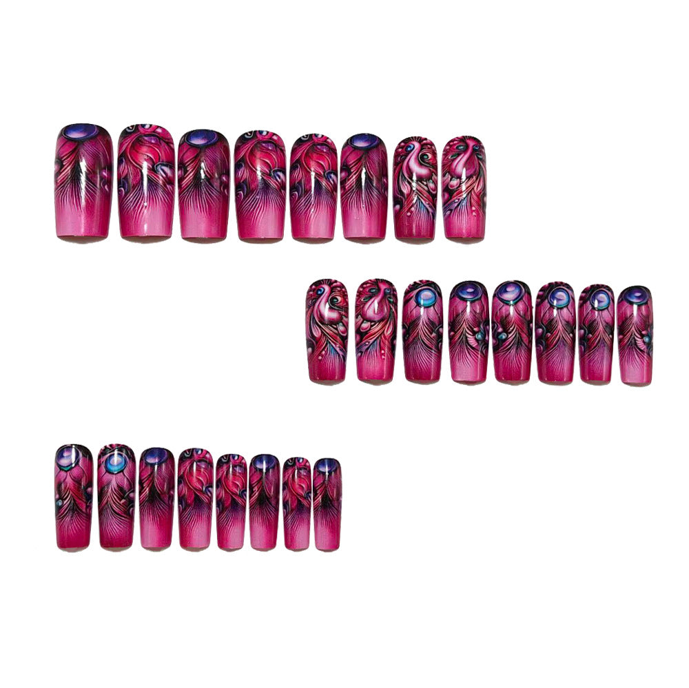 24pcs/Set Magenta Peacock Feather Press-On Nails