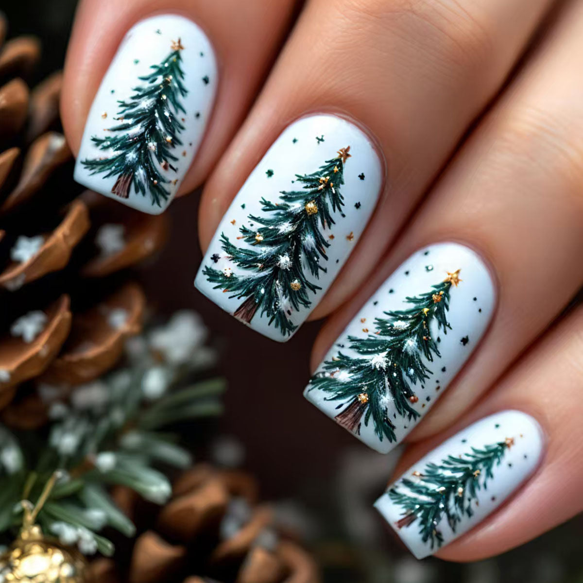 24pcs/Set White-Green Christmas Snowflake & Tree Press-On Nails