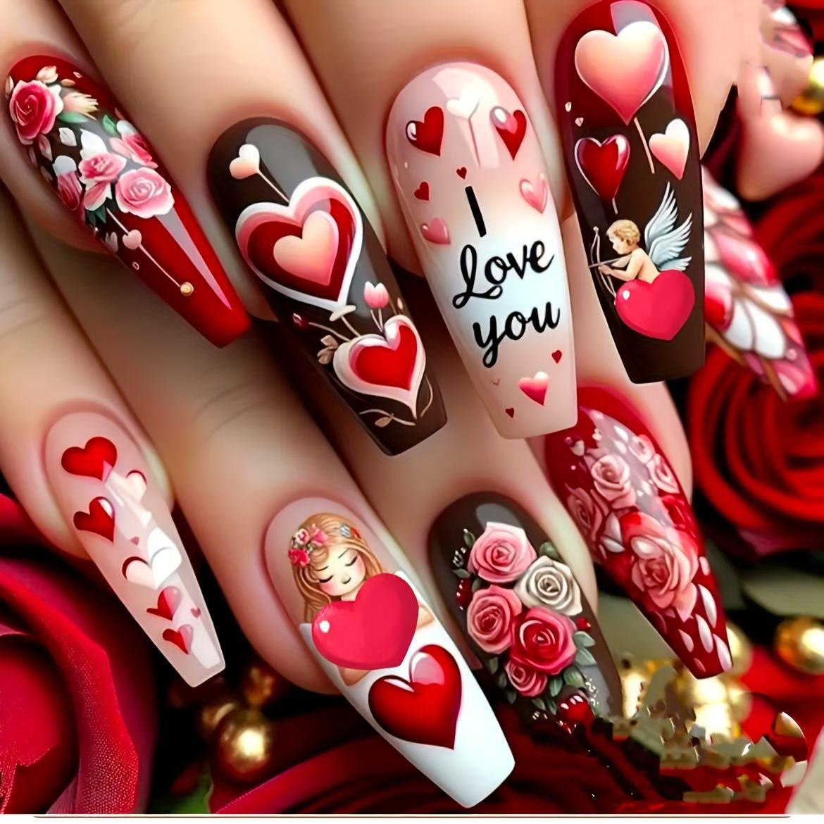24pcs/Set Red Heart Rose Valentine's Press-On Nails