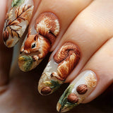 24pcs/Set  3D Embossed Squirrel & Acorn Press-On Nails