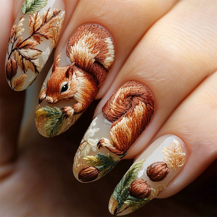 24pcs/Set  3D Embossed Squirrel & Acorn Press-On Nails
