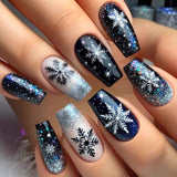 24pcs/Set Christmas Snowflake in Black-Blue-White Gradient Press-On Nails