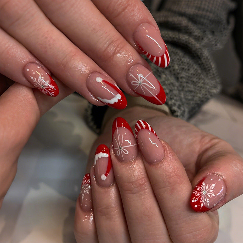 24pcs/Set Christmas Red & White Stripe French with Snowflakes Press-On Nails