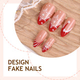 24pcs/Set Christmas Red & White Stripe French with Snowflakes Press-On Nails