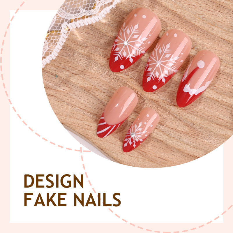 24pcs/Set Christmas Red & White Stripe French with Snowflakes Press-On Nails