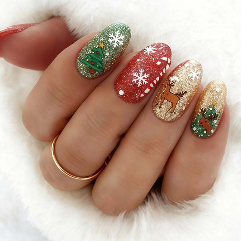 24pcs/Set Christmas Reindeer, Tree & Snowflake Press-On Nails