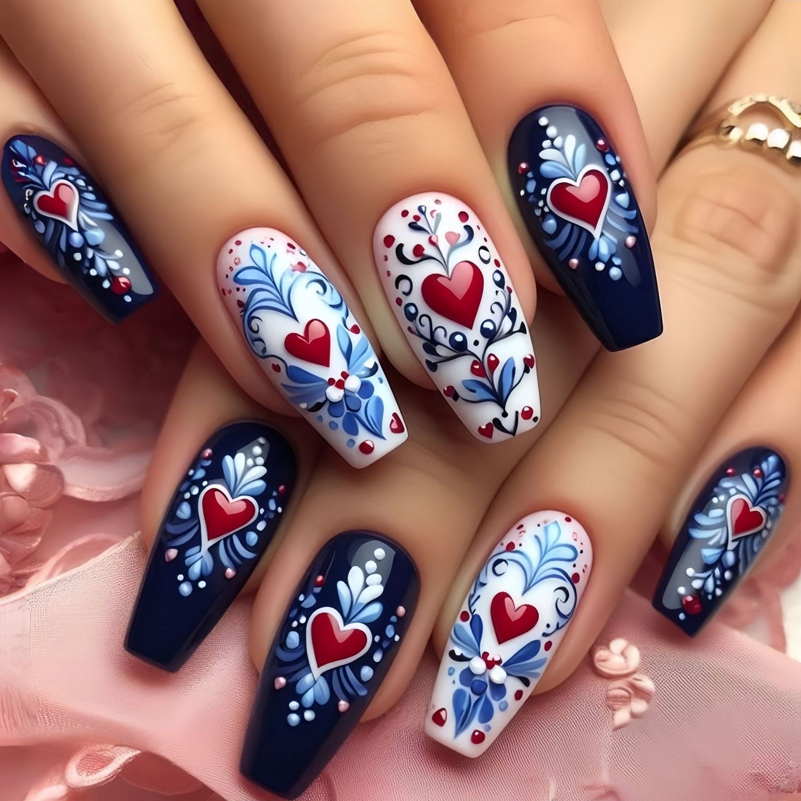 24pcs/Set Valentine's Blue With Red Heart Press-On Nails