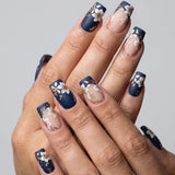 24pcs/Set Navy Blue with White Flowers & Gold Stamens Press-On Nails