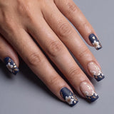 24pcs/Set Navy Blue with White Flowers & Gold Stamens Press-On Nails