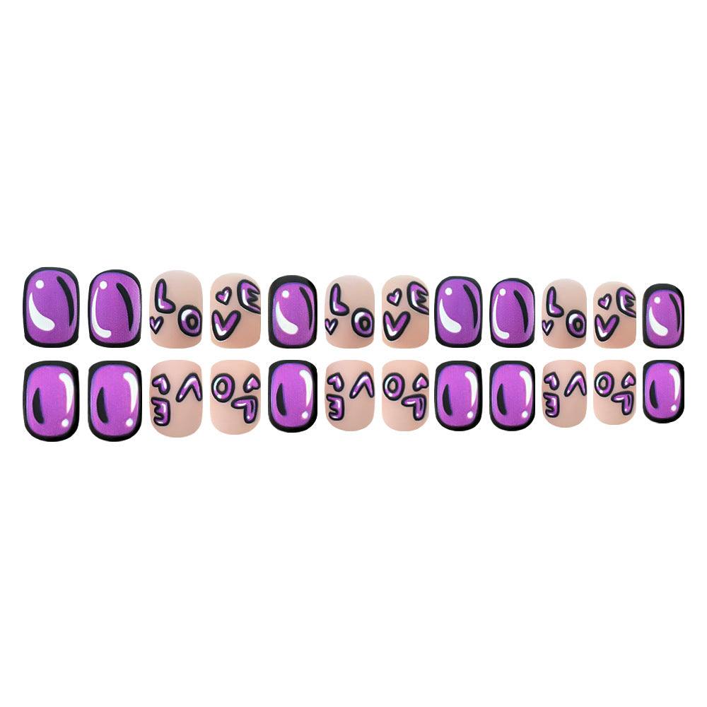 24pcs/Set Short Purple Letter Heart Press On Nails