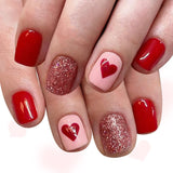 24pcs/Set Short Valentine Red Heart Press On Nails