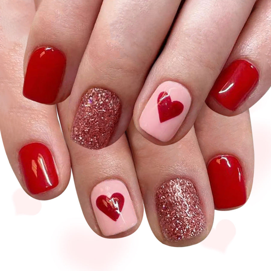 24pcs/Set Short Valentine Red Heart Press On Nails