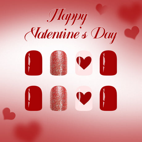 24pcs/Set Short Valentine Red Heart Press On Nails