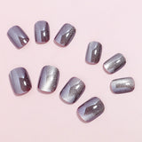 24pcs/Set Wine Red Crystal Cat's Eye Short Round Press-On Nails