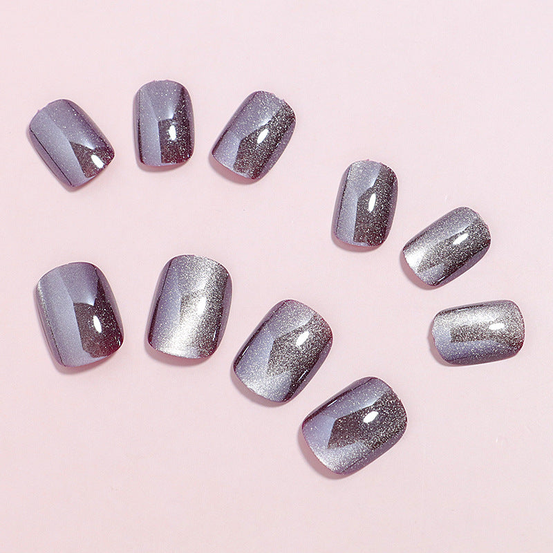 24pcs/Set Wine Red Crystal Cat's Eye Short Round Press-On Nails