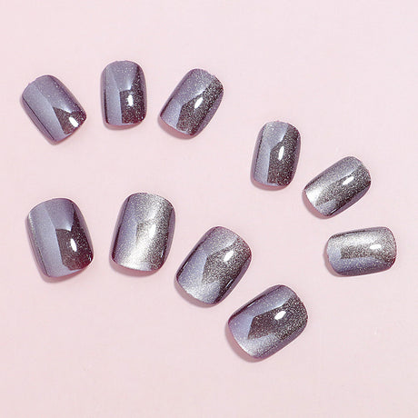 24pcs/Set Wine Red Crystal Cat's Eye Short Round Press-On Nails