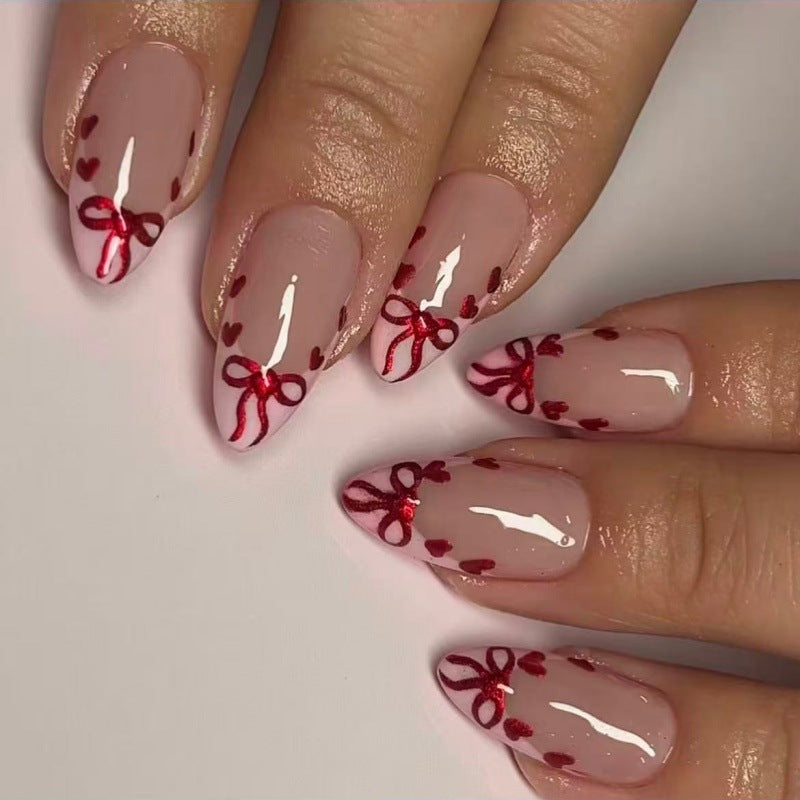 24pcs/Set Valentine's Red Heart & Bow French Press-On Nails