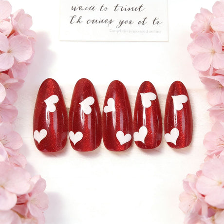 24pcs/Set Valentine's Red Cat's Eye with White Heart Press-On Nails